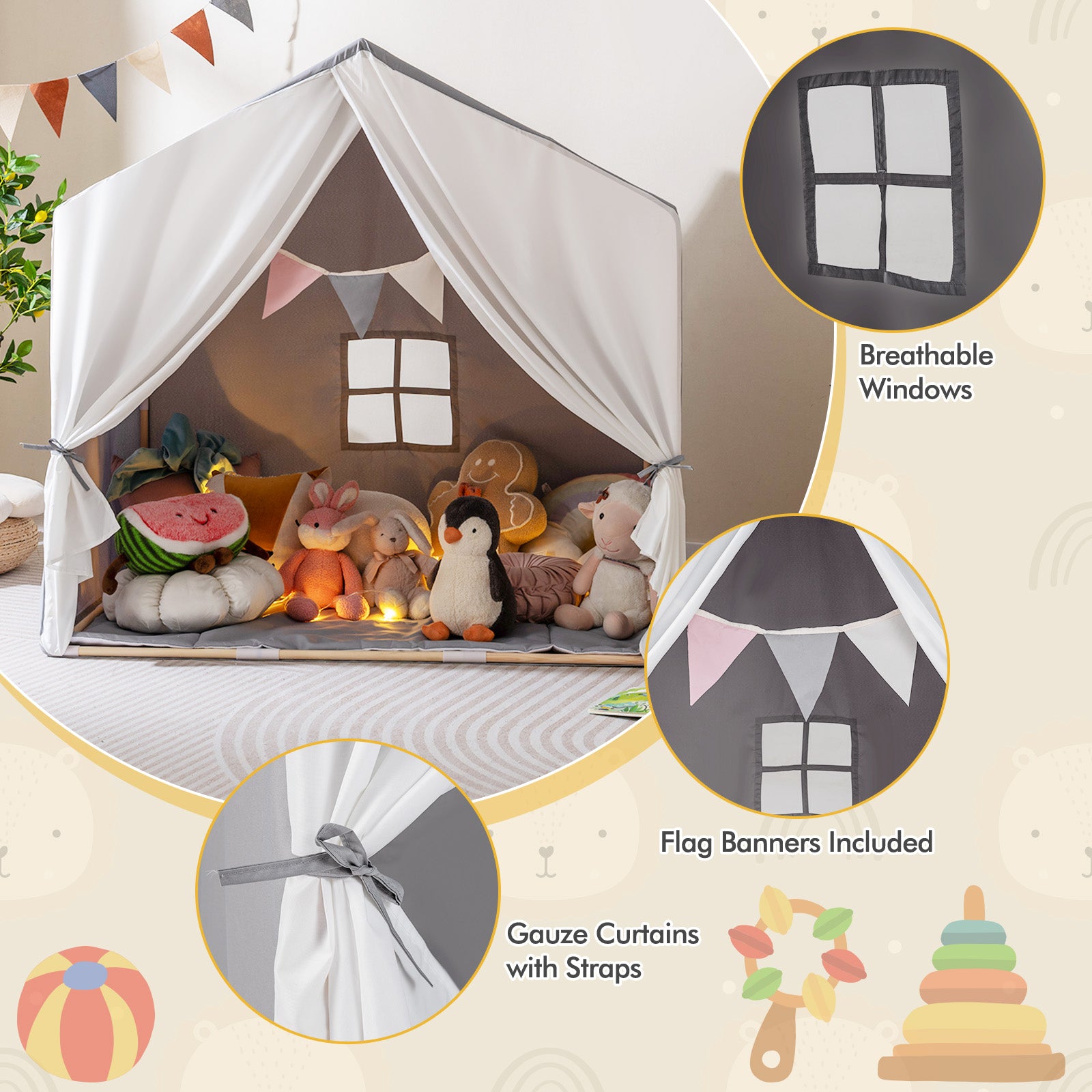 Kid's Play Tent with Washable Cotton Mat and Flag Banner, Gray Play Tents & Playhouse at Gallery Canada