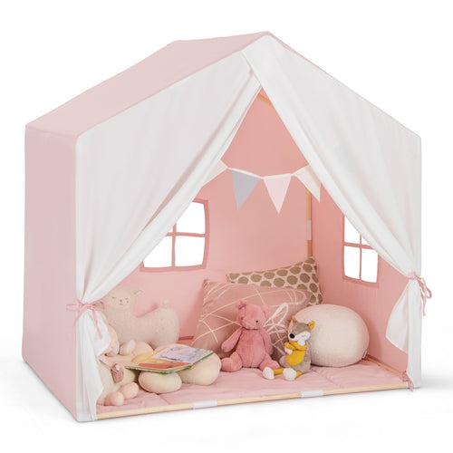 Kid's Play Tent with Washable Cotton Mat and Flag Banner, Pink