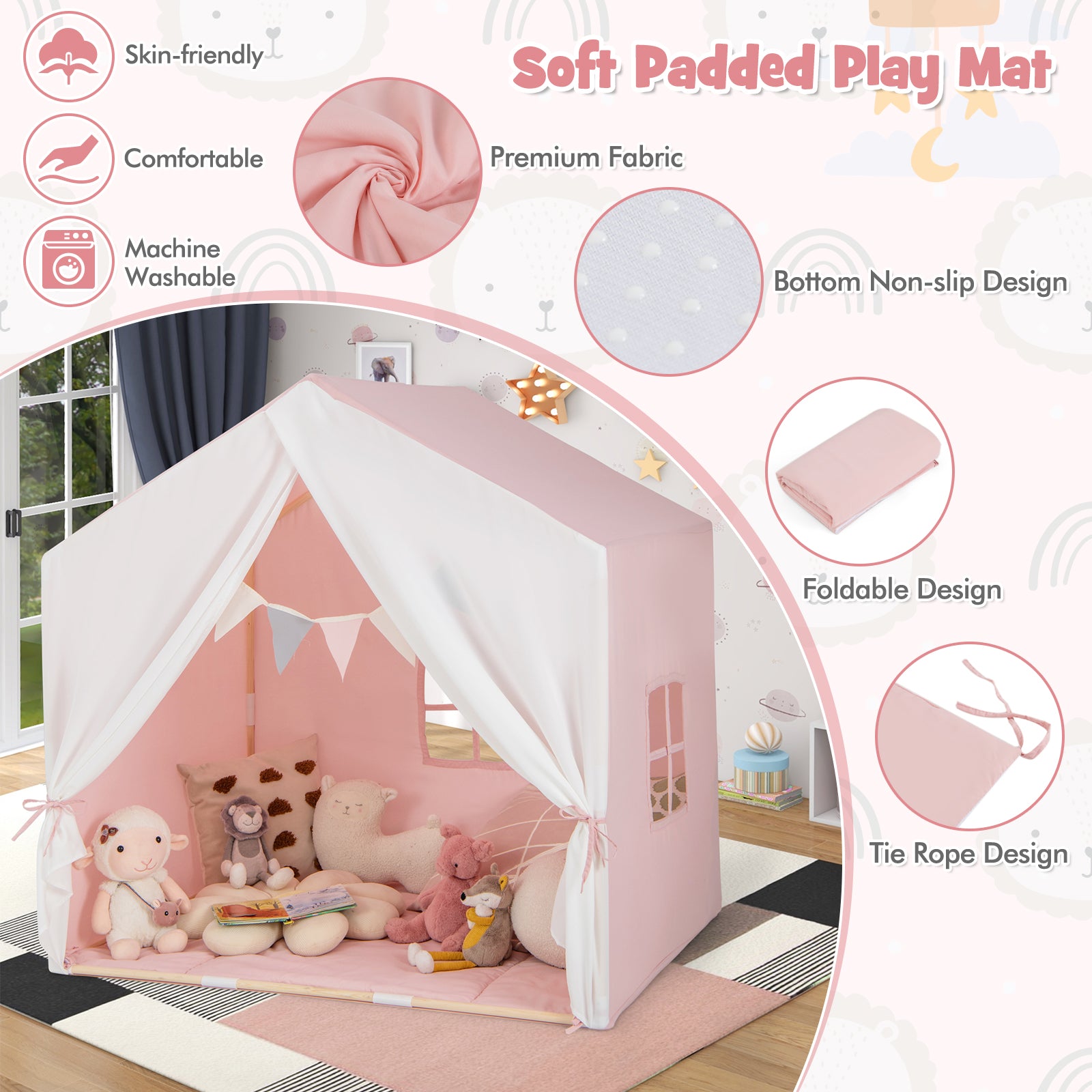 Kid's Play Tent with Washable Cotton Mat and Flag Banner, Pink Play Tents & Playhouse at Gallery Canada