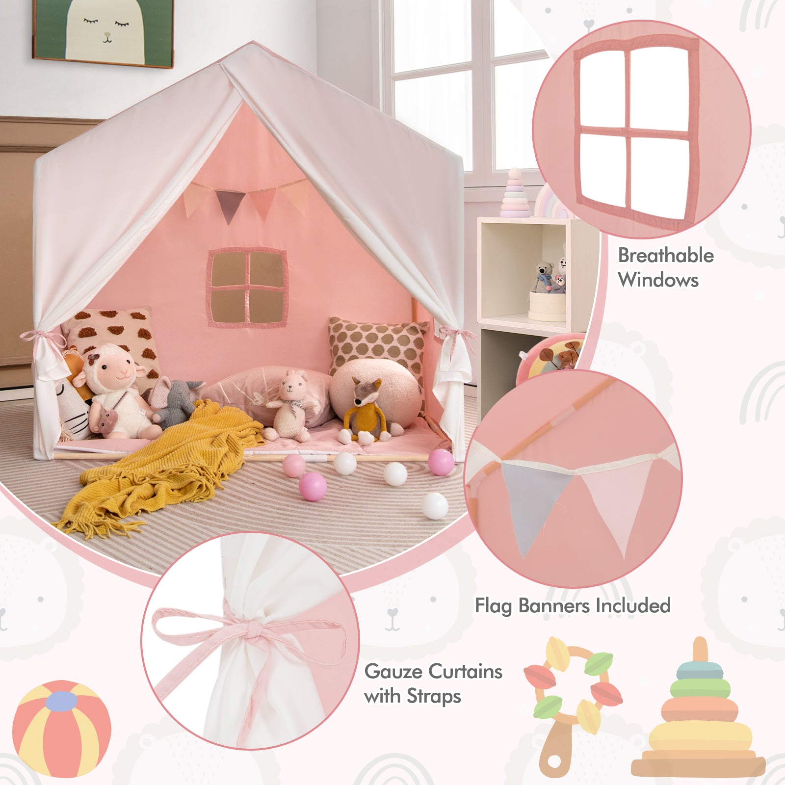 Kid's Play Tent with Washable Cotton Mat and Flag Banner, Pink Play Tents & Playhouse at Gallery Canada