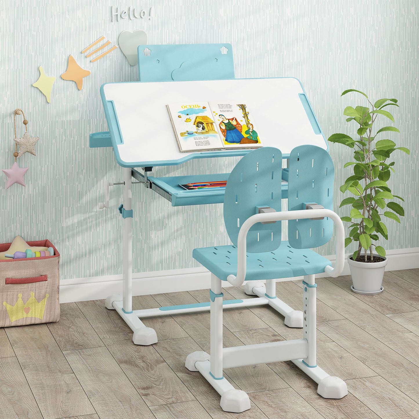 Kid's Study Desk and Chair Set with Tilt Desktop and Book Stand, Blue Kids Table & Chair Sets at Gallery Canada