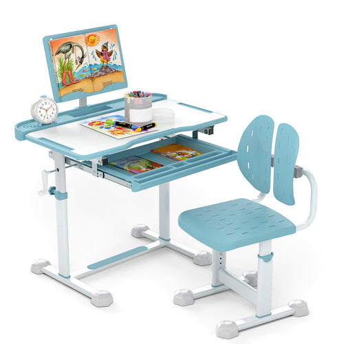 Kids Study Desk Chair Set, Tilt Desktop Book Stand, Blue