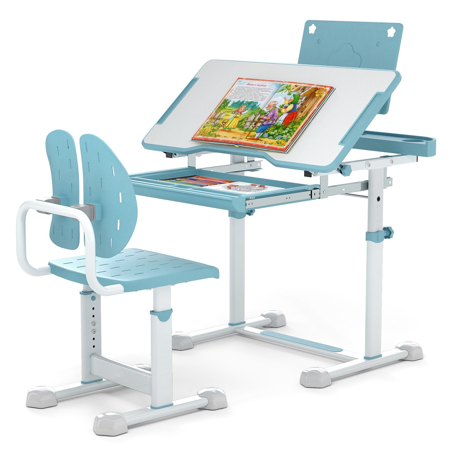 Kid's Study Desk and Chair Set with Tilt Desktop and Book Stand, Blue Kids Table & Chair Sets at Gallery Canada
