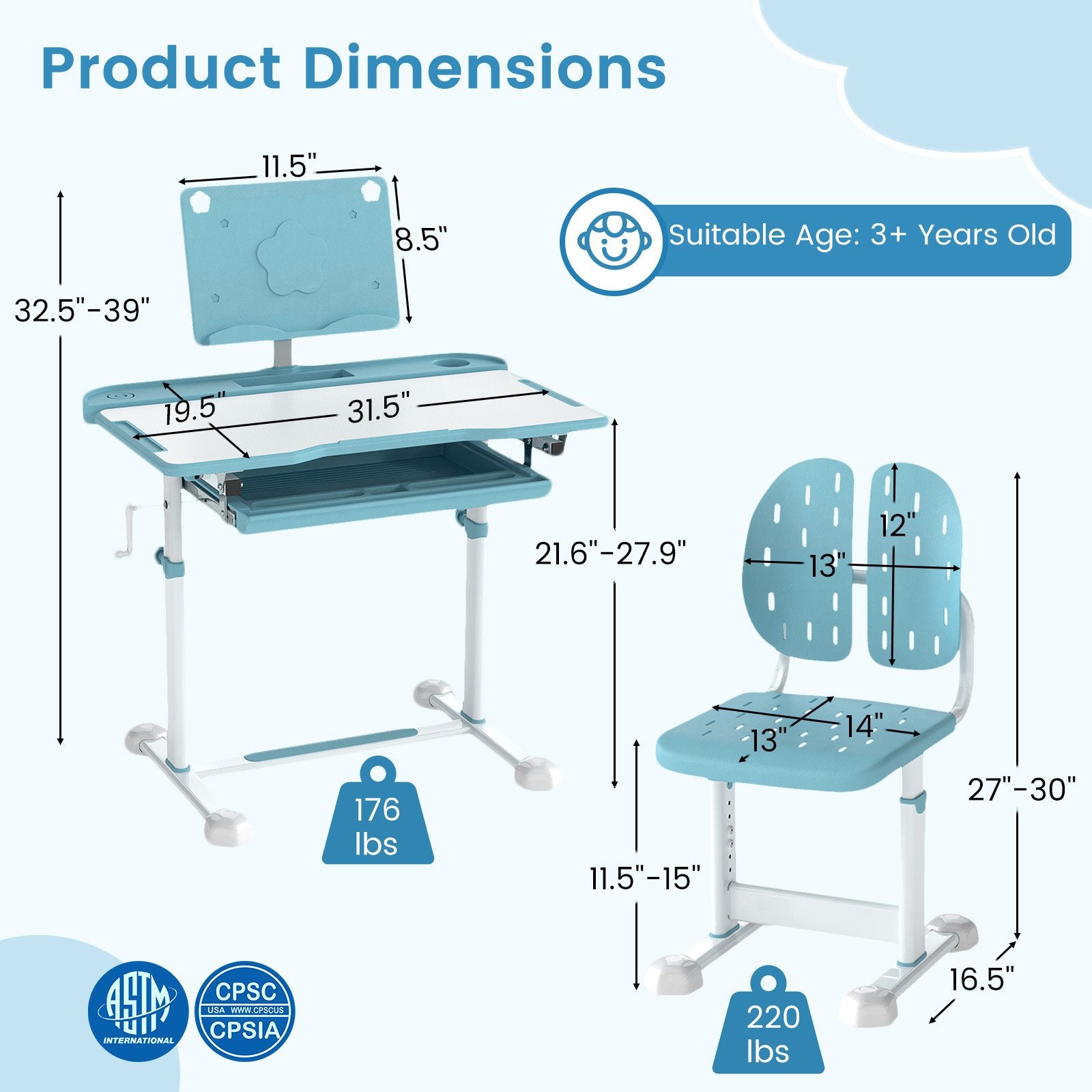 Kid's Study Desk and Chair Set with Tilt Desktop and Book Stand, Blue Kids Table & Chair Sets at Gallery Canada