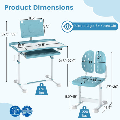 Kid's Study Desk and Chair Set with Tilt Desktop and Book Stand, Blue Kids Table & Chair Sets at Gallery Canada