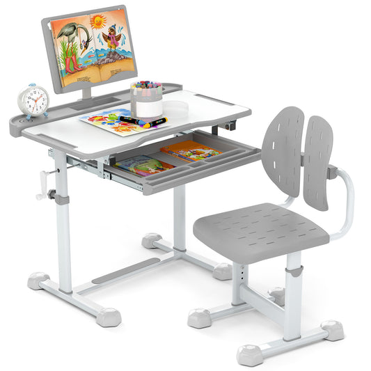 Kids Study Desk and Chair Set, Tilt Desktop, Book Stand, Gray Kids Table & Chair Sets Gray at Gallery Canada