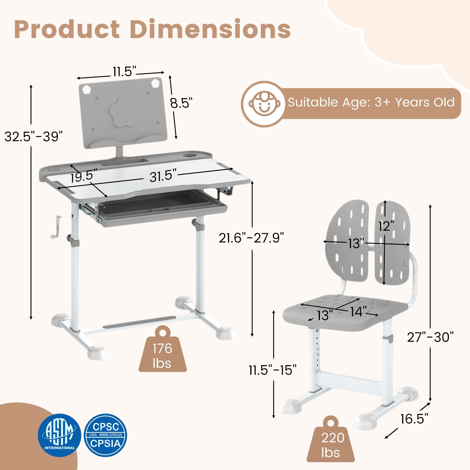 Kid's Study Desk and Chair Set with Tilt Desktop and Book Stand, Gray Kids Table & Chair Sets at Gallery Canada