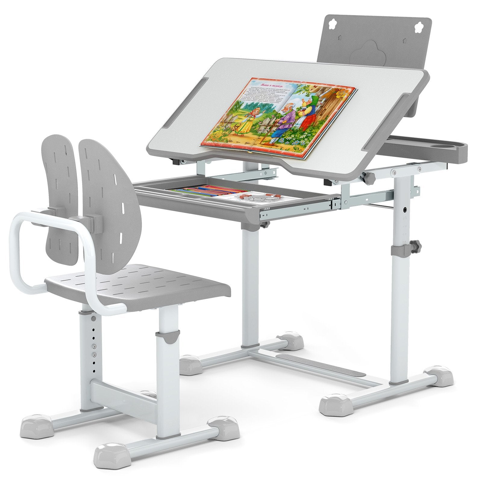 Kid's Study Desk and Chair Set with Tilt Desktop and Book Stand, Gray Kids Table & Chair Sets at Gallery Canada