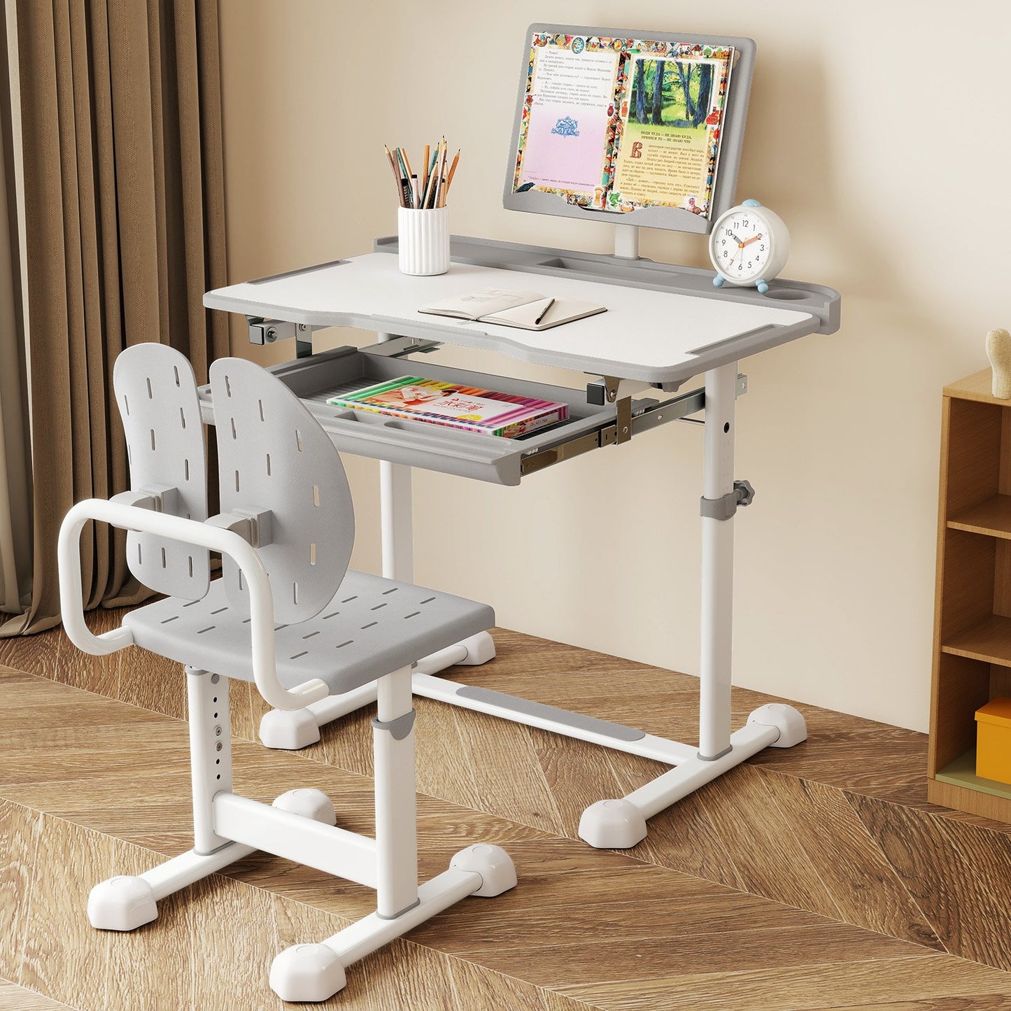 Kid's Study Desk and Chair Set with Tilt Desktop and Book Stand, Gray Kids Table & Chair Sets at Gallery Canada