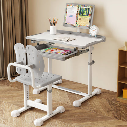 Kid's Study Desk and Chair Set with Tilt Desktop and Book Stand, Gray Kids Table & Chair Sets at Gallery Canada