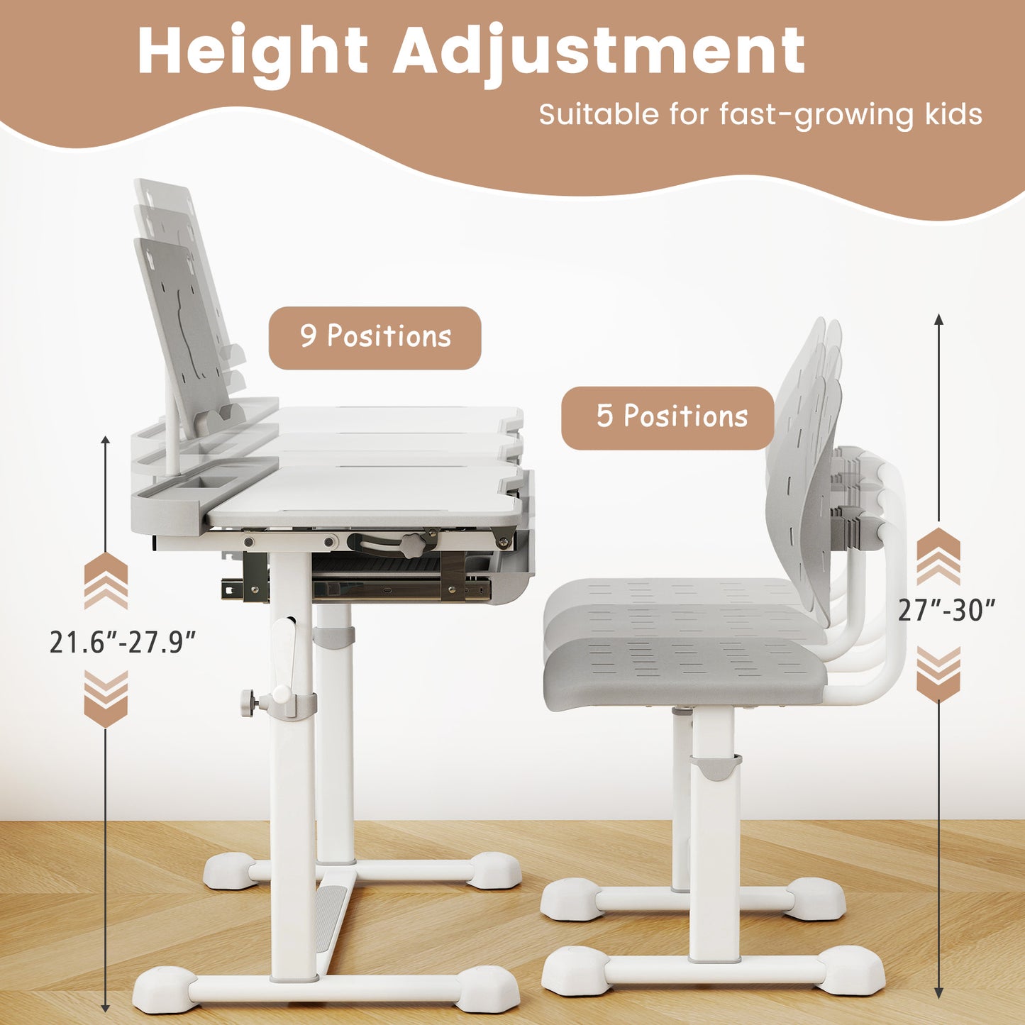 Kid's Study Desk and Chair Set with Tilt Desktop and Book Stand, Gray Kids Table & Chair Sets at Gallery Canada