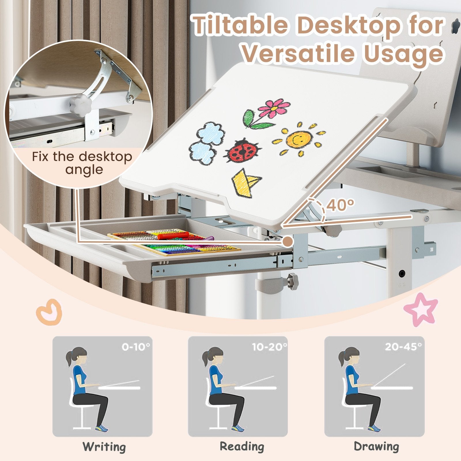 Kid's Study Desk and Chair Set with Tilt Desktop and Book Stand, Gray Kids Table & Chair Sets at Gallery Canada