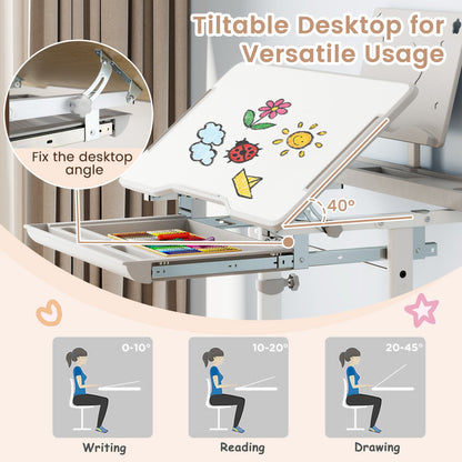 Kid's Study Desk and Chair Set with Tilt Desktop and Book Stand, Gray Kids Table & Chair Sets at Gallery Canada