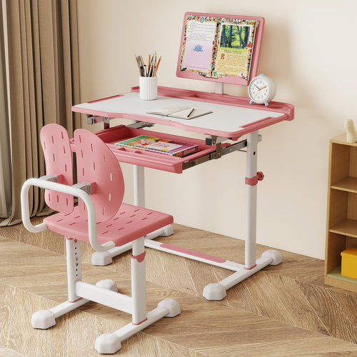 Kid's Study Desk and Chair Set with Tilt Desktop and Book Stand, Pink