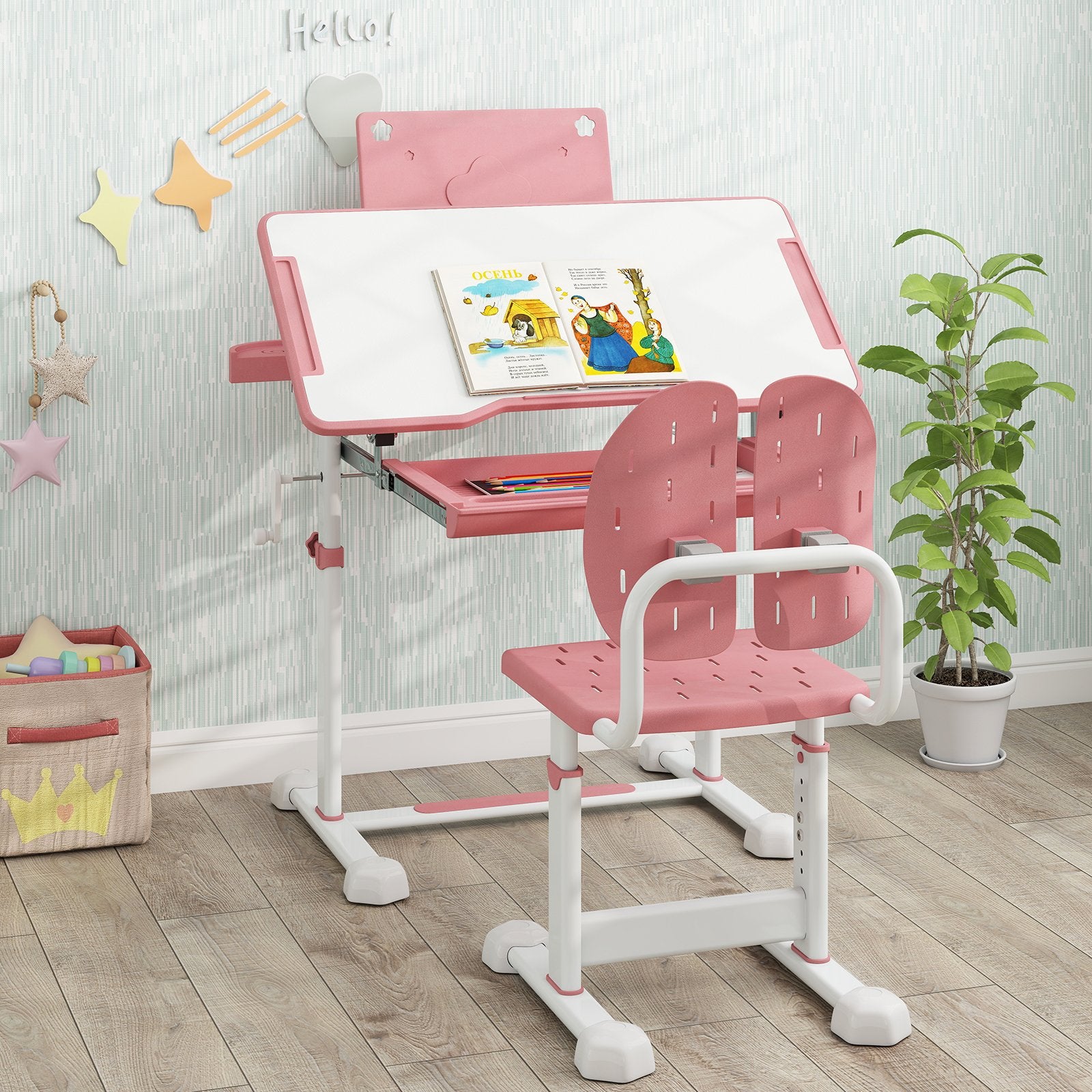 Kid's Study Desk and Chair Set with Tilt Desktop and Book Stand, Pink Kids Table & Chair Sets at Gallery Canada