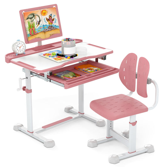 Kids Study Desk And Chair Set, Tilt Desktop, Book Stand, Pink
