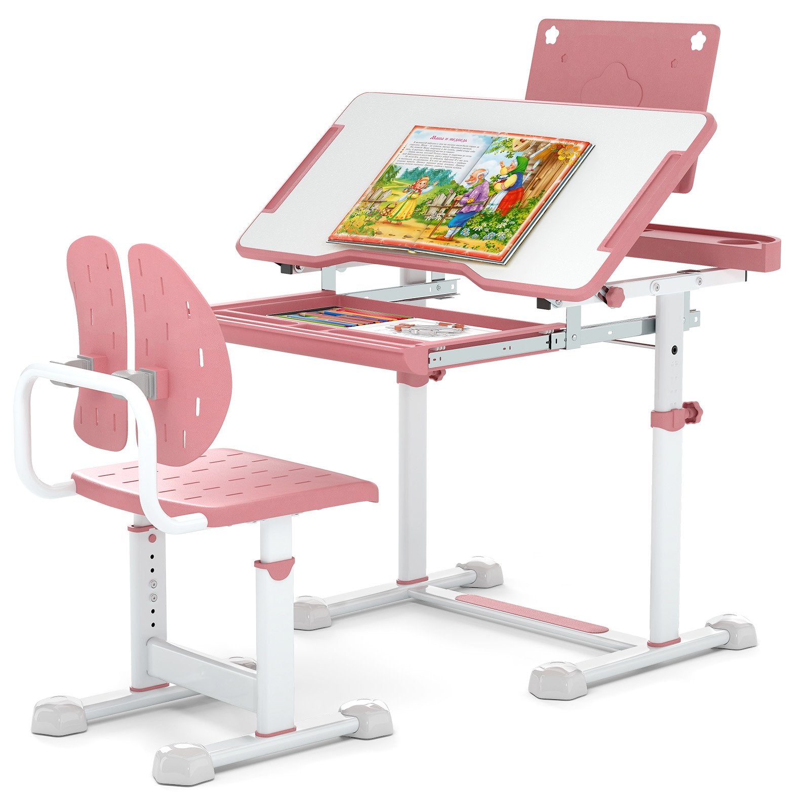 Kid's Study Desk and Chair Set with Tilt Desktop and Book Stand, Pink Kids Table & Chair Sets at Gallery Canada