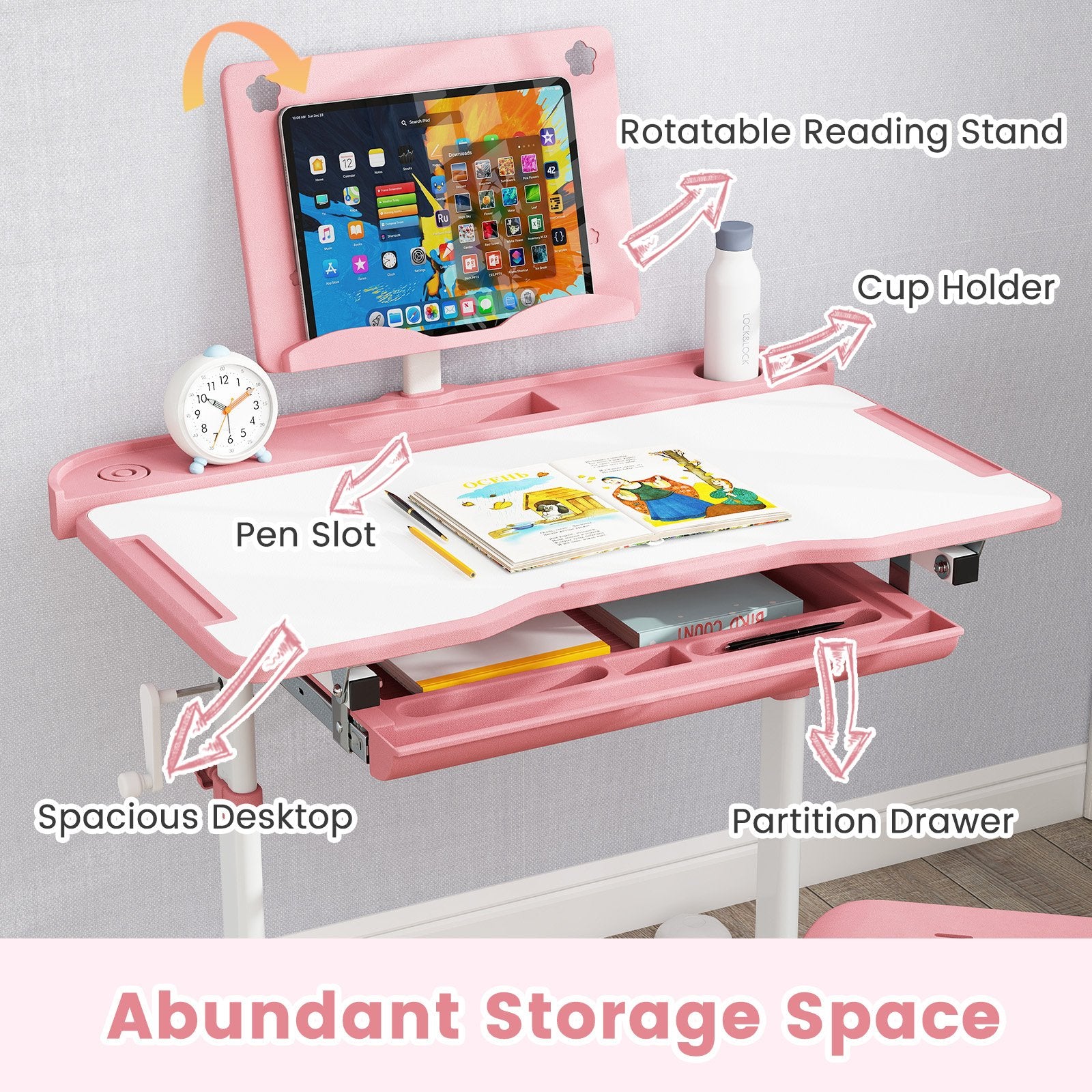 Kid's Study Desk and Chair Set with Tilt Desktop and Book Stand, Pink Kids Table & Chair Sets at Gallery Canada
