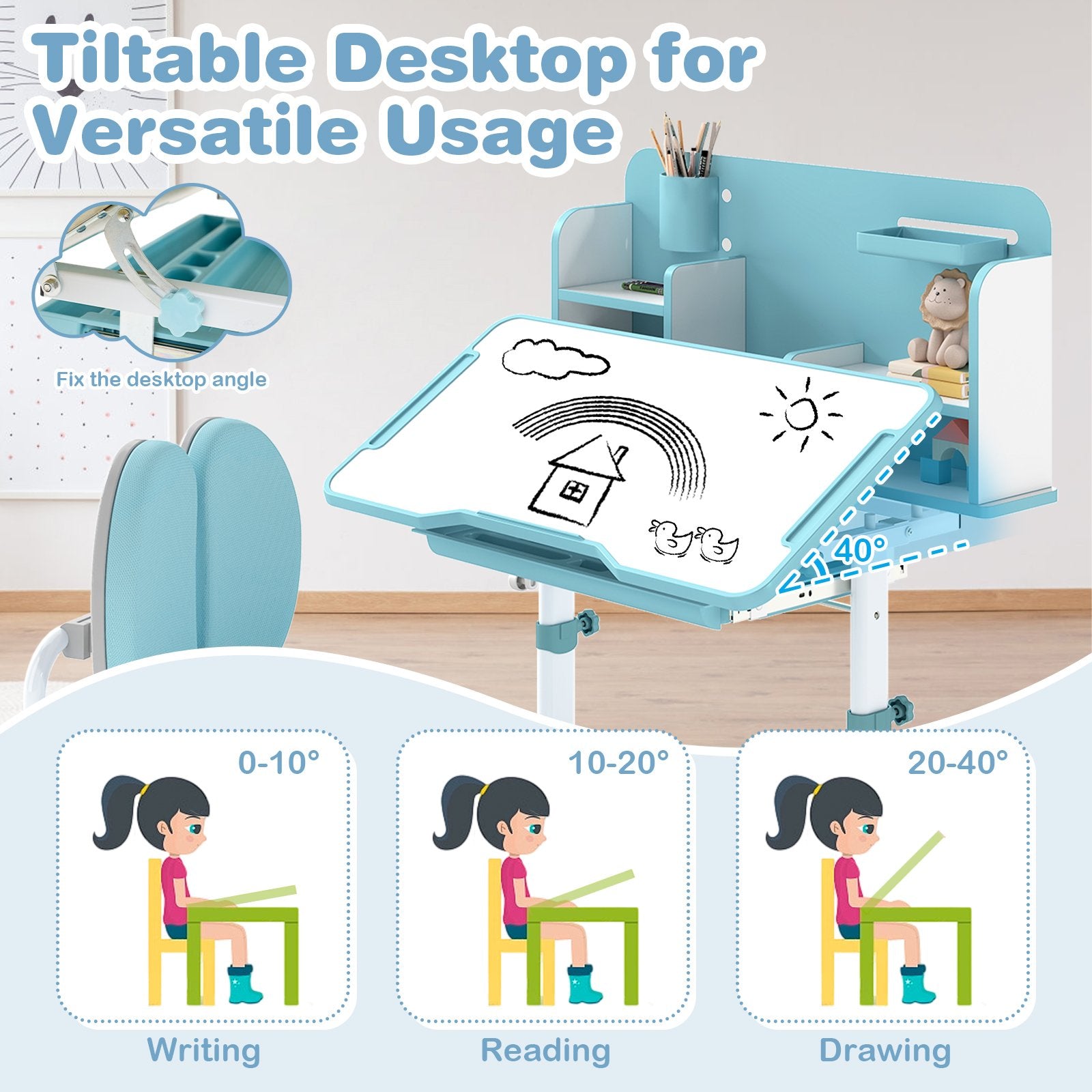 Kid's Study Desk and with Tilt Desktop and Pen Holder, Blue Kids Table & Chair Sets at Gallery Canada