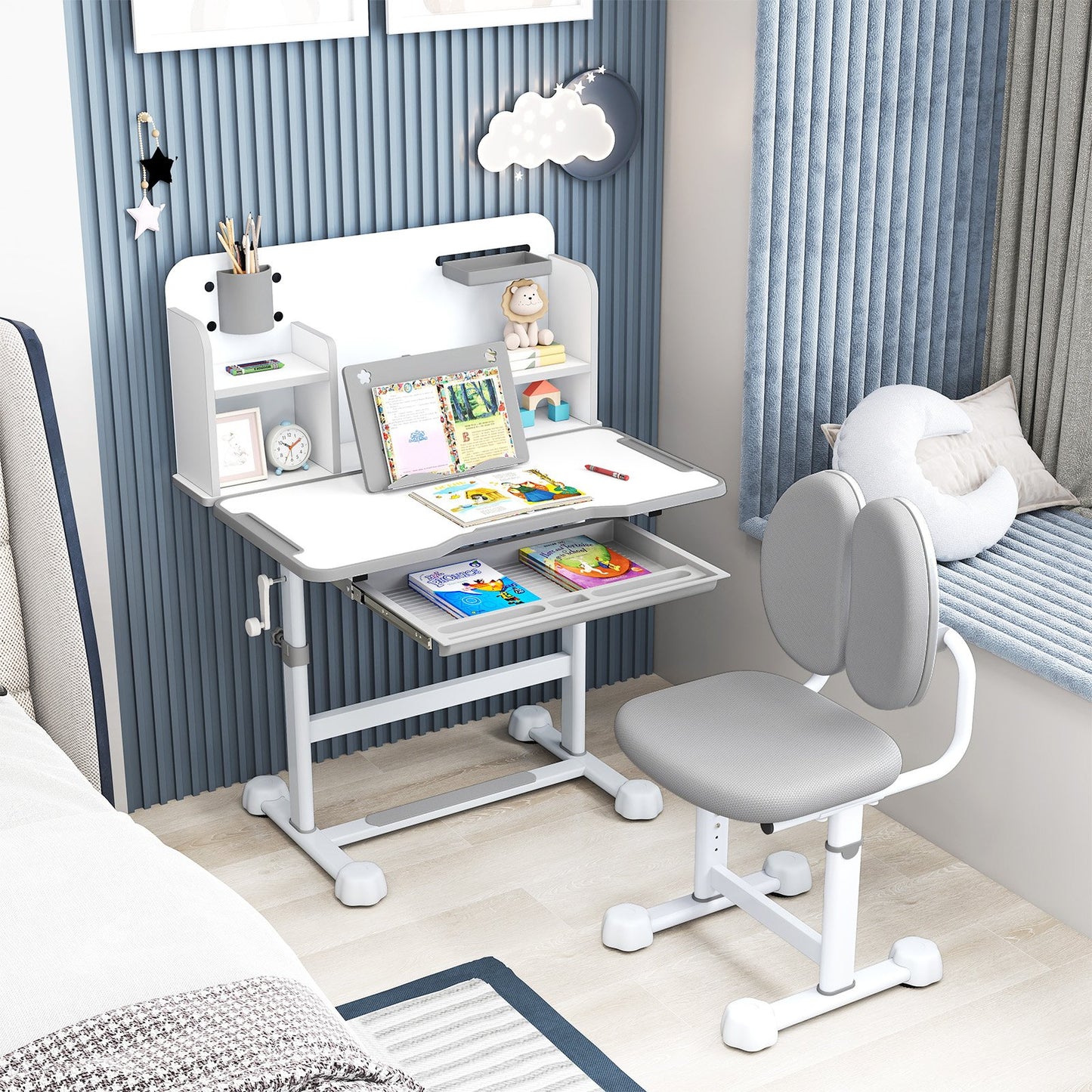 Kid's Study Desk and with Tilt Desktop and Pen Holder, Gray Kids Table & Chair Sets at Gallery Canada