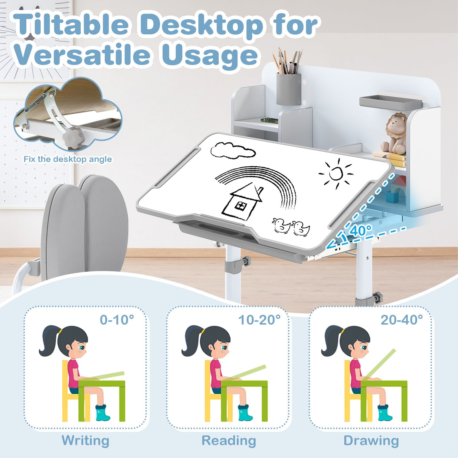 Kid's Study Desk and with Tilt Desktop and Pen Holder, Gray Kids Table & Chair Sets at Gallery Canada