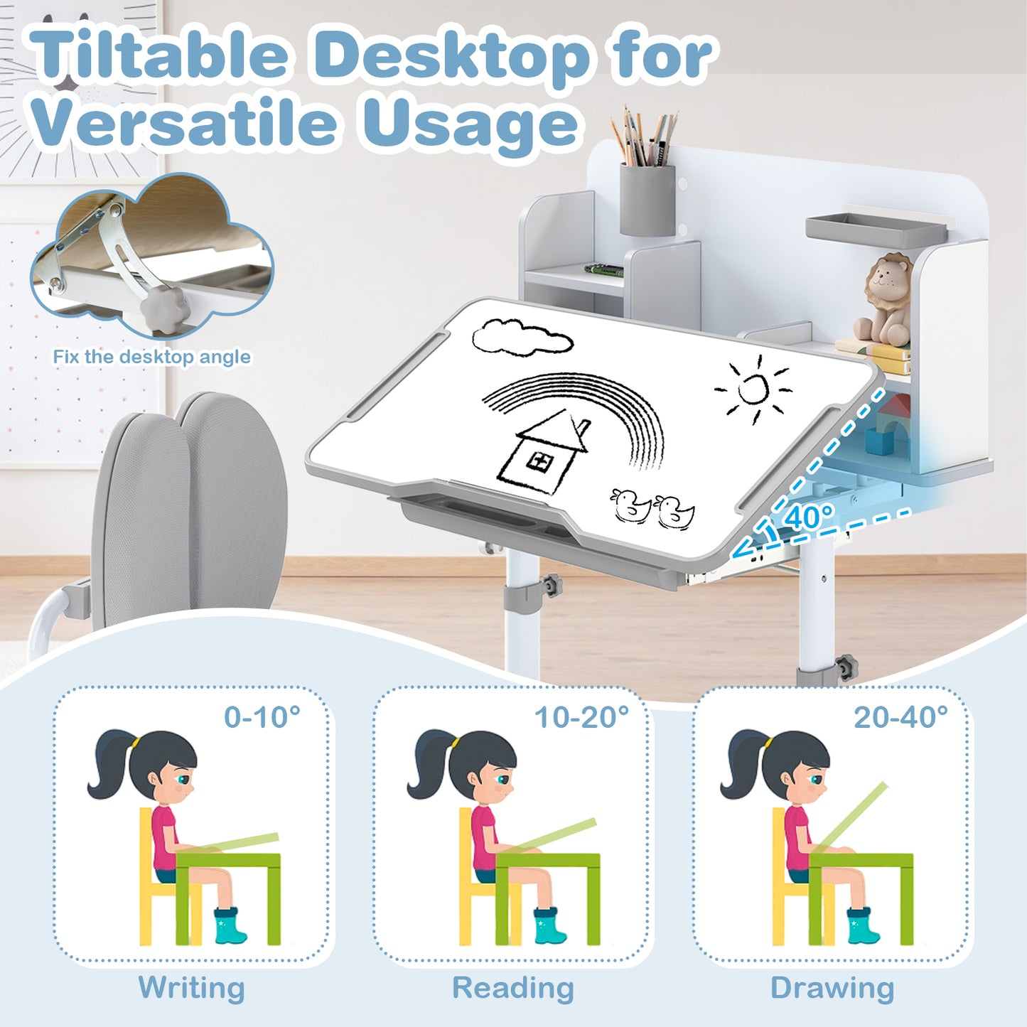 Kids Study Desk With Tilt Desktop, Pen Holder, Gray Kids Table & Chair Sets at Gallery Canada