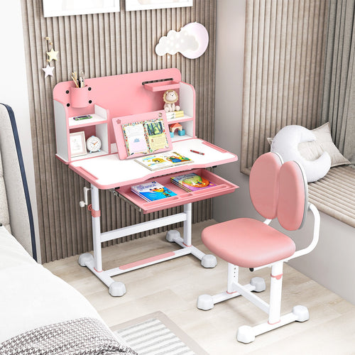 Kid's Study Desk and with Tilt Desktop and Pen Holder, Pink