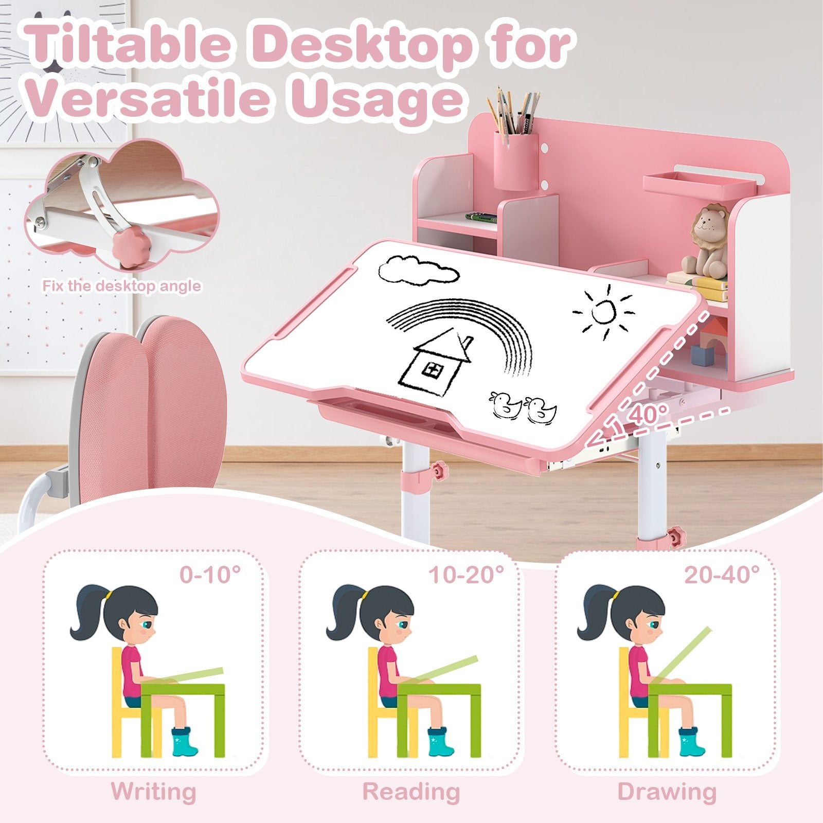 Kid's Study Desk and with Tilt Desktop and Pen Holder, Pink Kids Table & Chair Sets at Gallery Canada