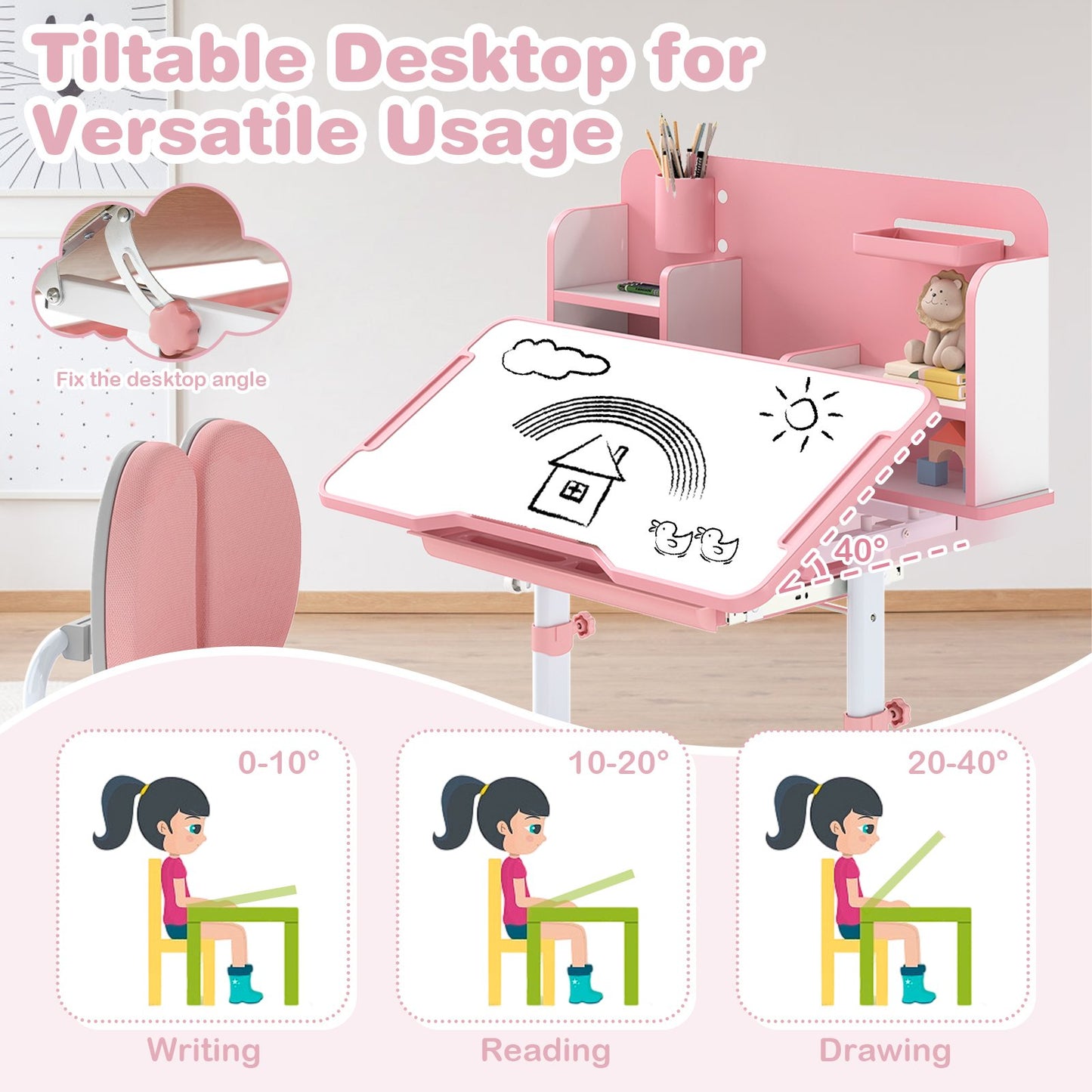 Kid's Study Desk and with Tilt Desktop and Pen Holder, Pink Kids Table & Chair Sets at Gallery Canada