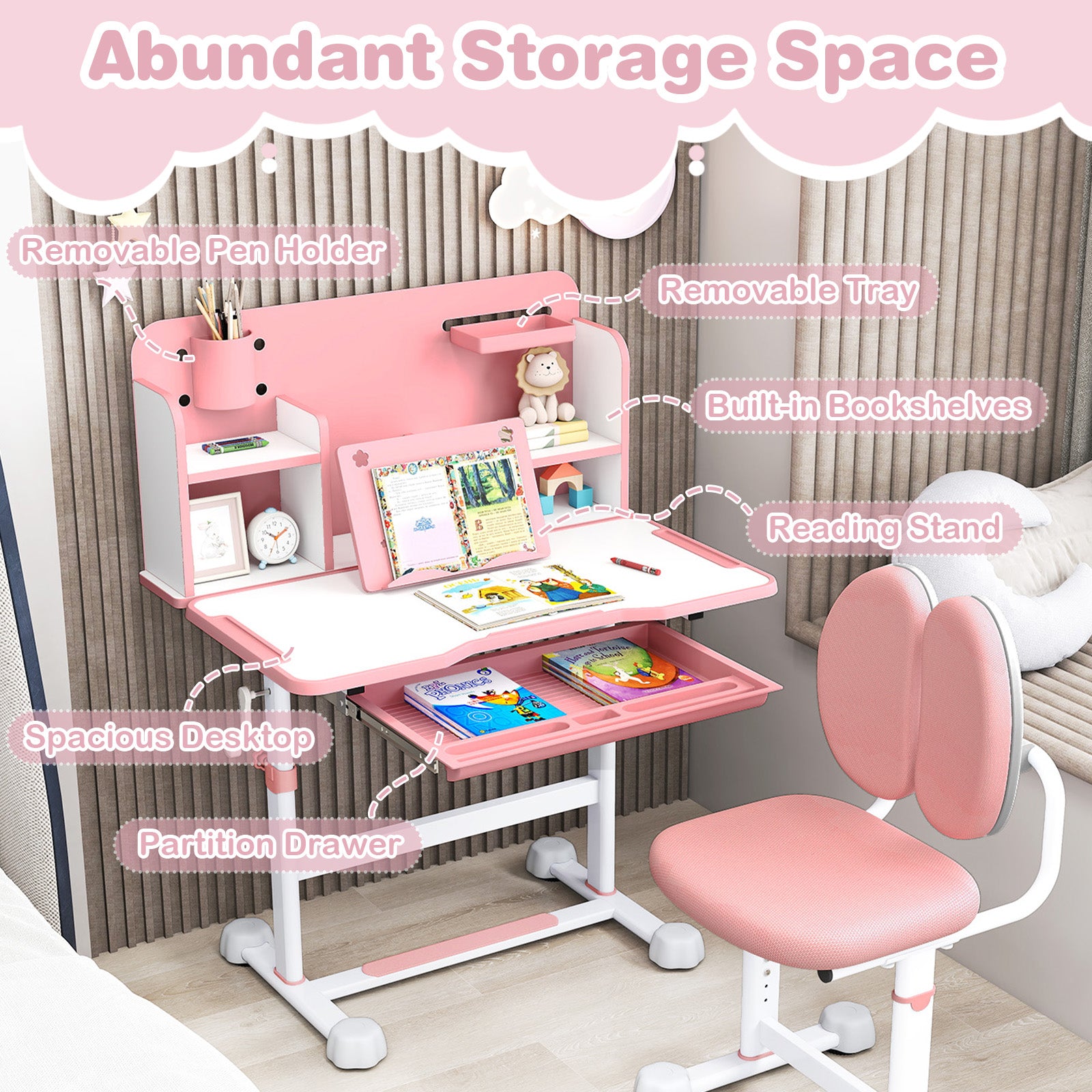 Kid's Study Desk and with Tilt Desktop and Pen Holder, Pink Kids Table & Chair Sets at Gallery Canada