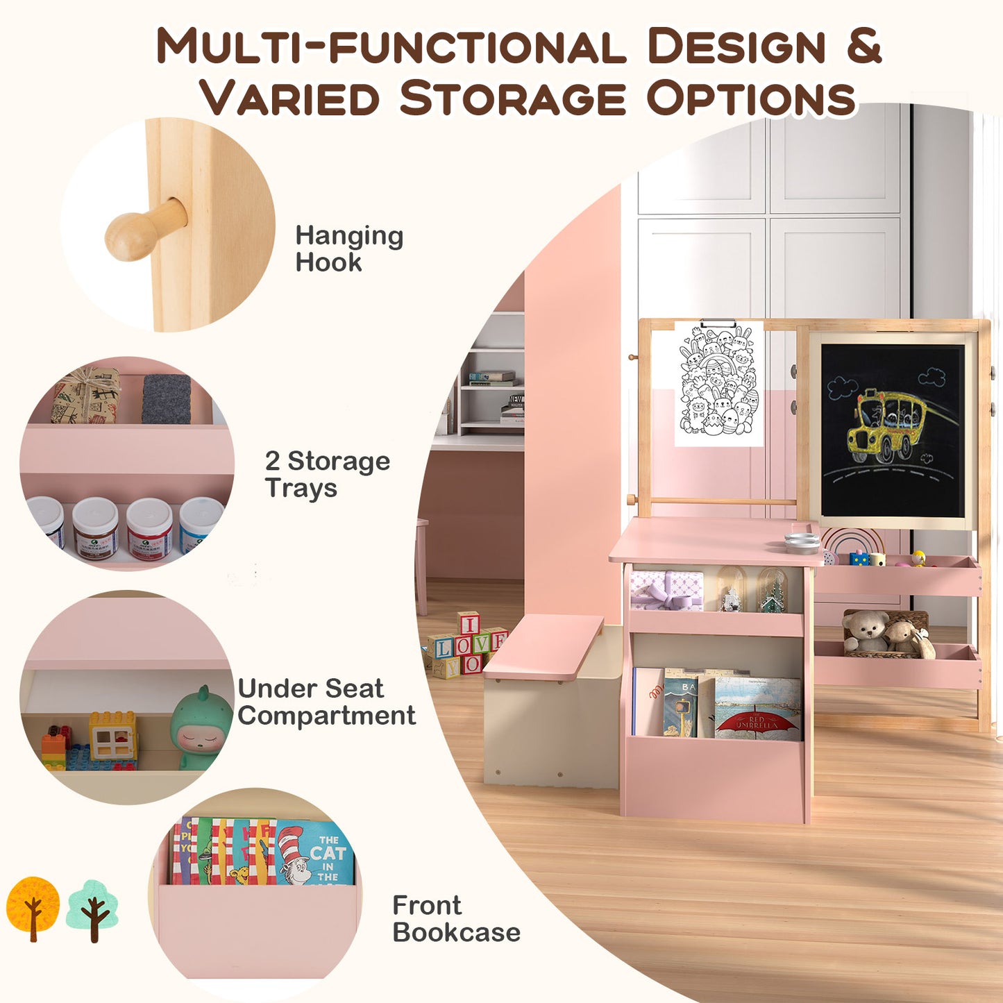 Kids Art Center Wooden Table Bench Set-PI, Pink Kids Table & Chair Sets at Gallery Canada