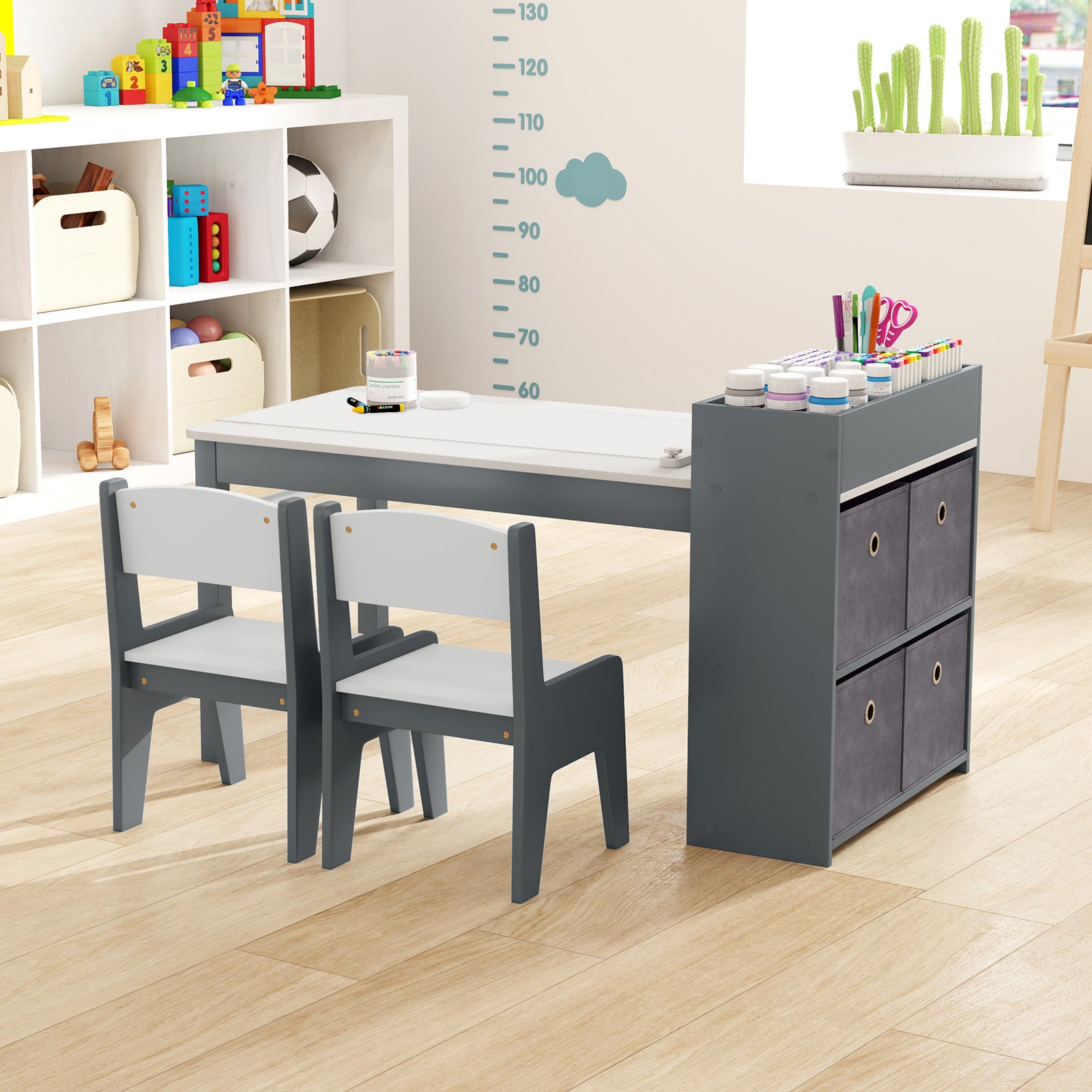Kids Art Table And Chairs Set, 2 Chairs With Paper Roll, Gray Kids Table & Chair Sets at Gallery Canada