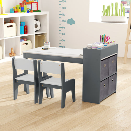 Kids Art Table And Chairs Set, 2 Chairs With Paper Roll, Gray