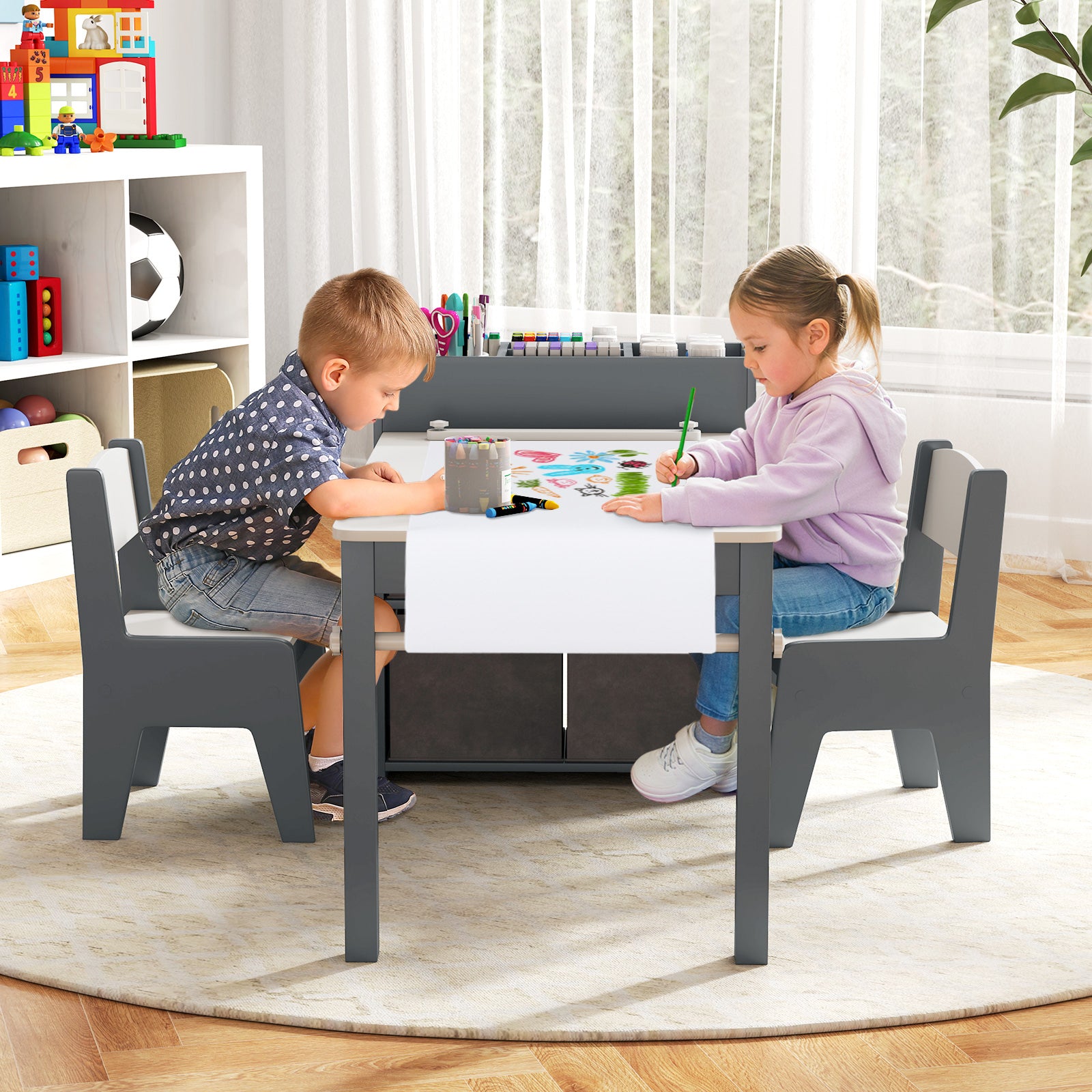 Kids Art Table And Chairs Set, 2 Chairs With Paper Roll, Gray Kids Table & Chair Sets at Gallery Canada