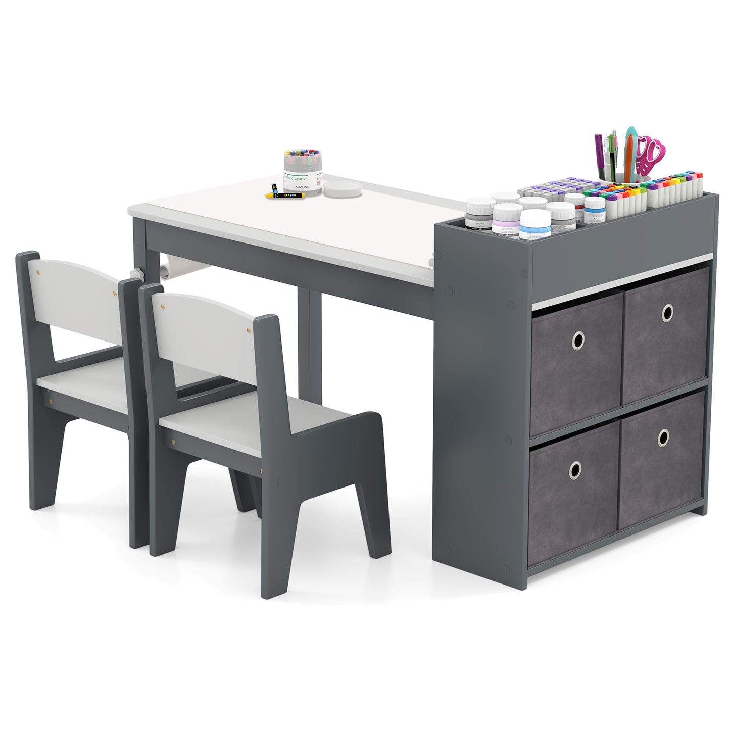 Kids Art Table And Chairs Set, 2 Chairs With Paper Roll, Gray Kids Table & Chair Sets at Gallery Canada