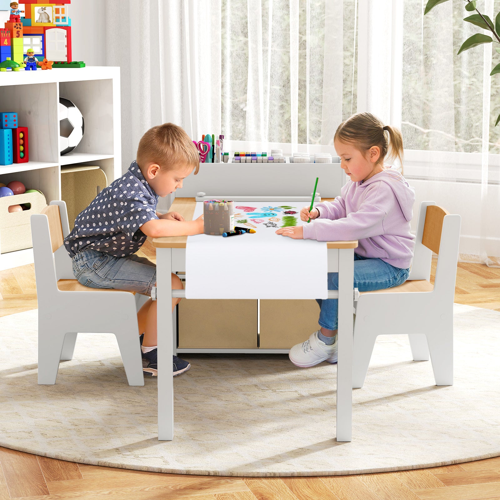 Kids Art Table And Chairs Set, 2 Chairs With Paper Roll, Natural Kids Table & Chair Sets at Gallery Canada