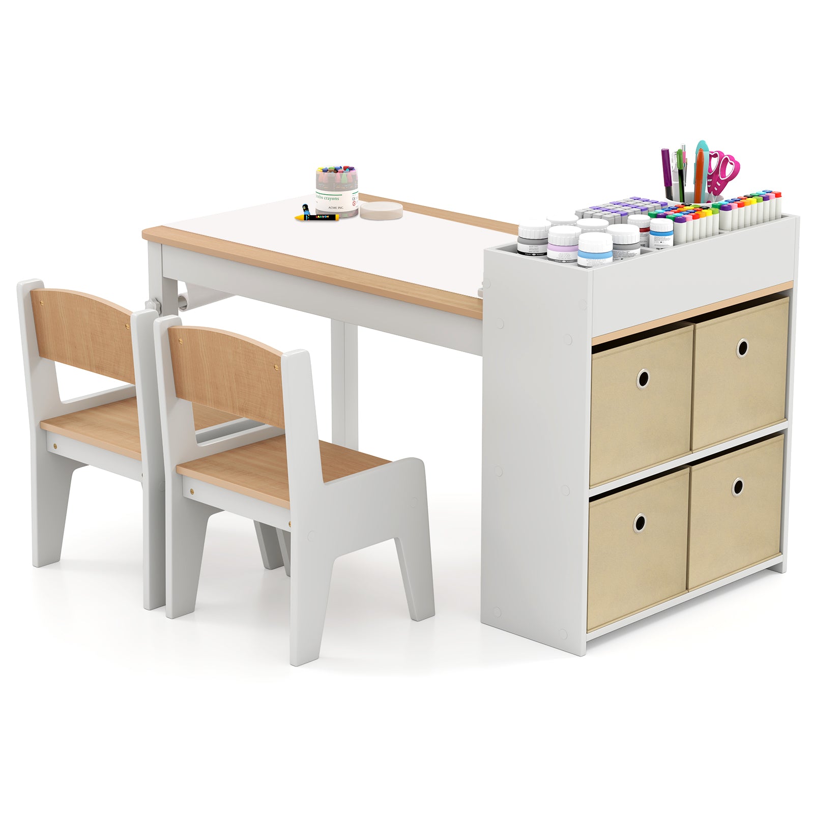 Kids Art Table And Chairs Set, 2 Chairs With Paper Roll, Natural Kids Table & Chair Sets at Gallery Canada