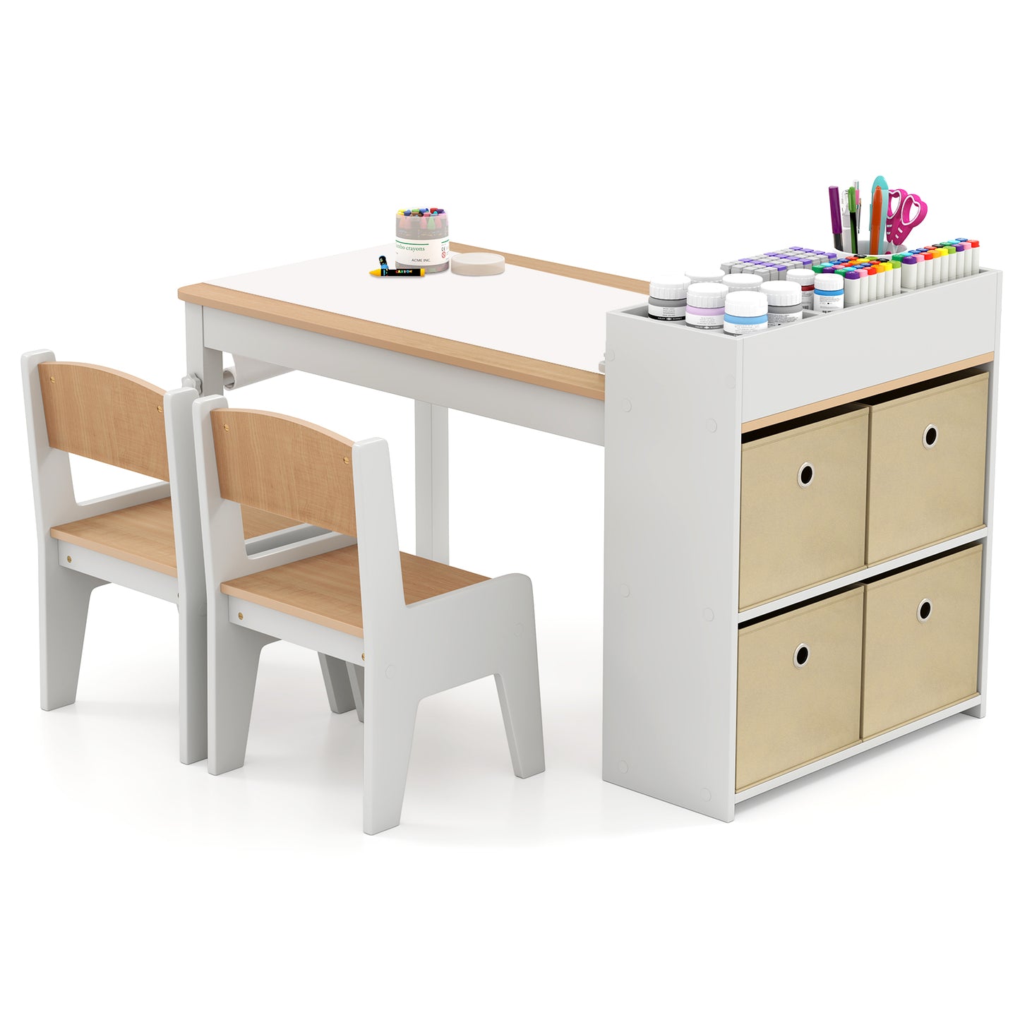 Kids Art Table And Chairs Set, 2 Chairs With Paper Roll, Natural Kids Table & Chair Sets at Gallery Canada