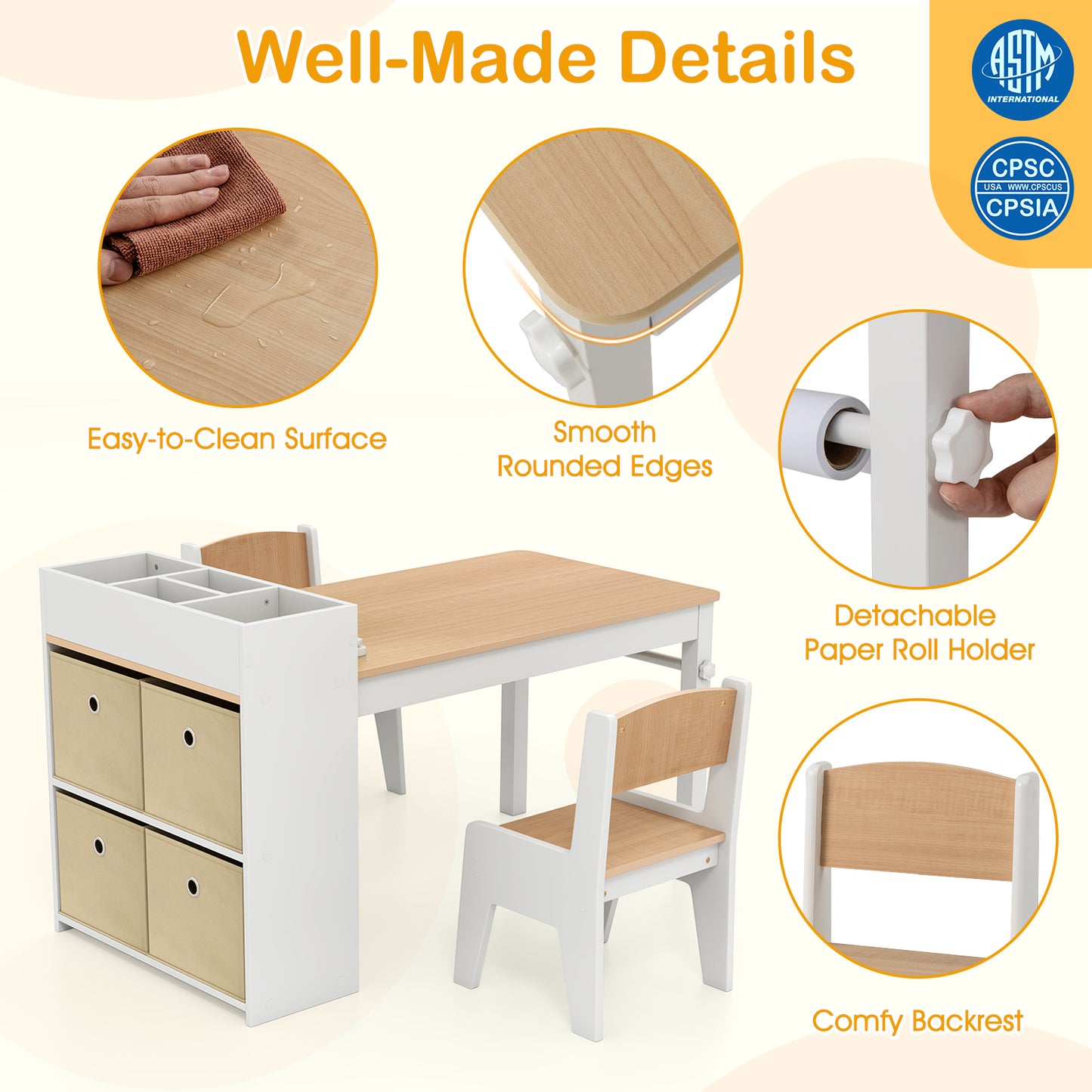 Kids Art Table And Chairs Set, 2 Chairs With Paper Roll, Natural Kids Table & Chair Sets at Gallery Canada