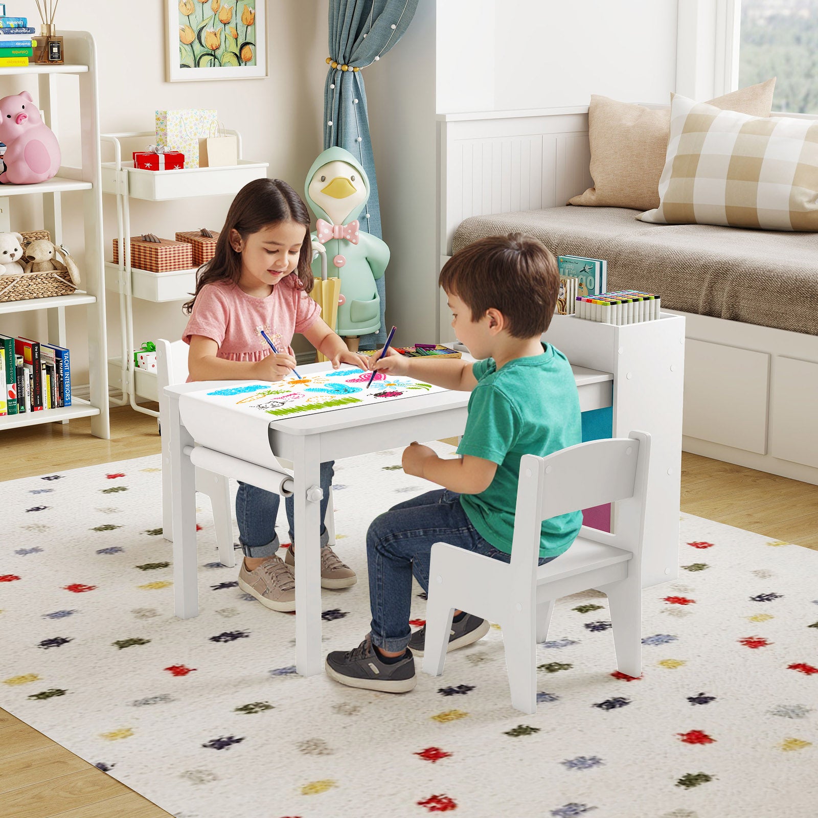 Kids Art Table And Chairs Set, 2 Chairs With Paper Roll, White Kids Table & Chair Sets at Gallery Canada