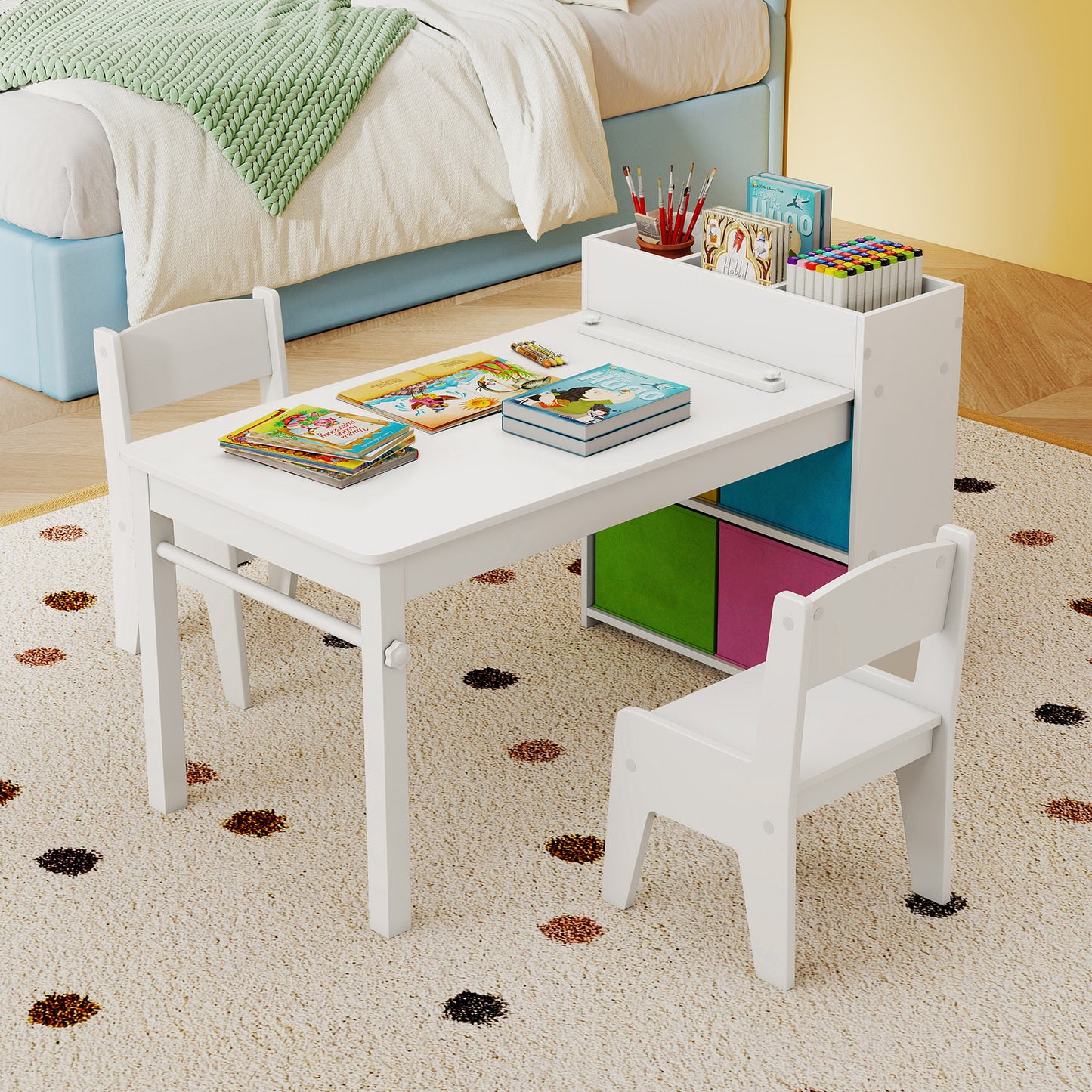 Kids Art Table And Chairs Set, 2 Chairs With Paper Roll, White Kids Table & Chair Sets at Gallery Canada