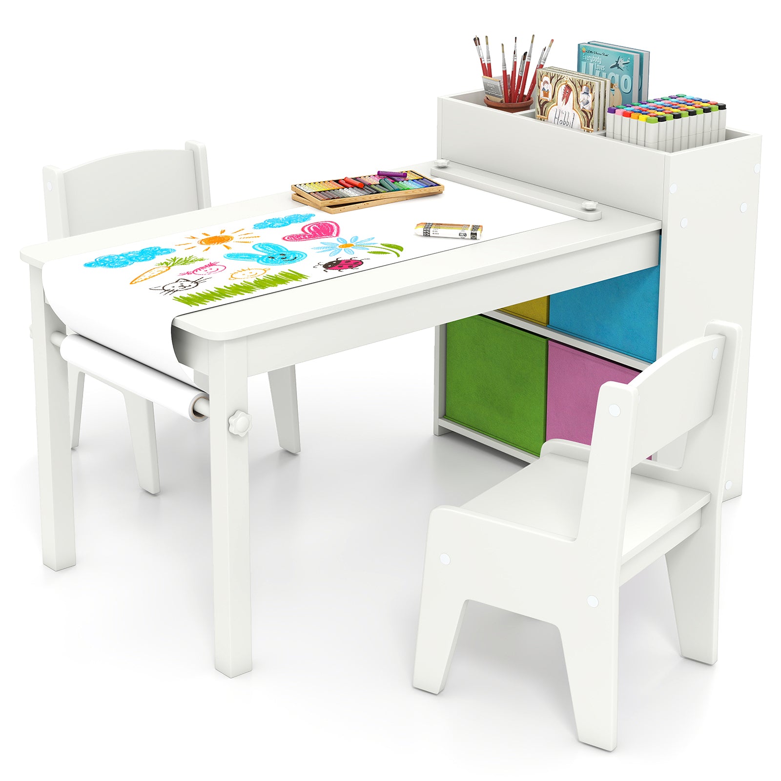 Kids Art Table And Chairs Set, 2 Chairs With Paper Roll, White Kids Table & Chair Sets at Gallery Canada
