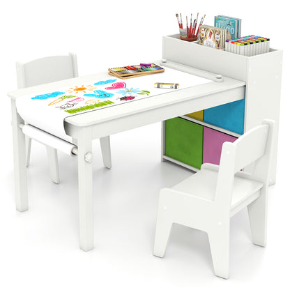 Kids Art Table And Chairs Set, 2 Chairs With Paper Roll, White Kids Table & Chair Sets at Gallery Canada