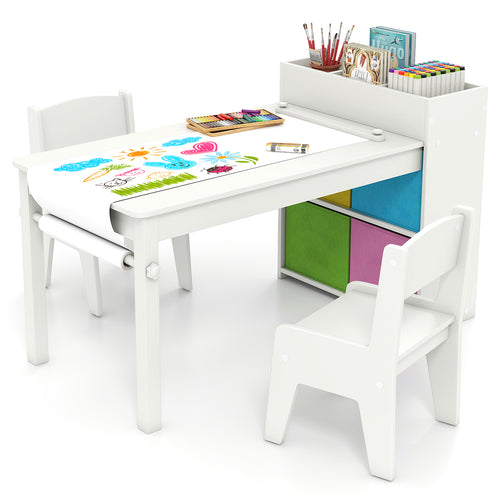 Kids Art Table And Chairs Set, 2 Chairs With Paper Roll, White
