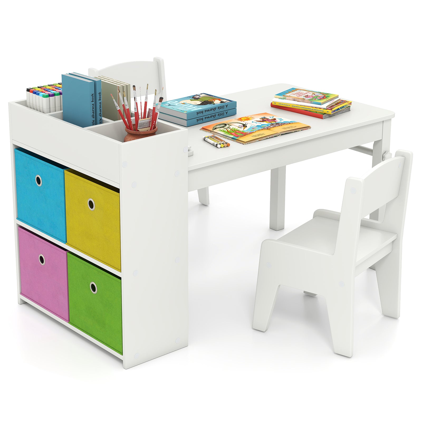 Kids Art Table And Chairs Set, 2 Chairs With Paper Roll, White Kids Table & Chair Sets at Gallery Canada