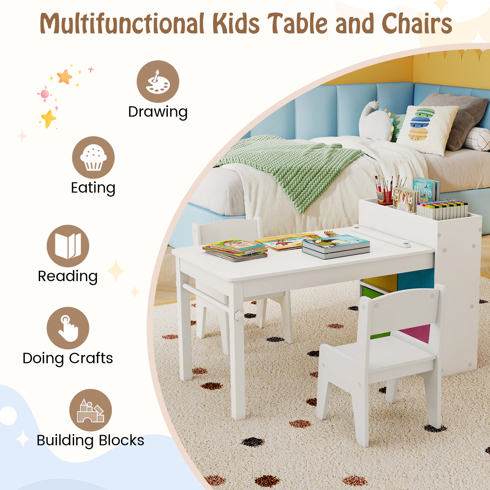 Kids Art Table And Chairs Set, 2 Chairs With Paper Roll, White Kids Table & Chair Sets at Gallery Canada