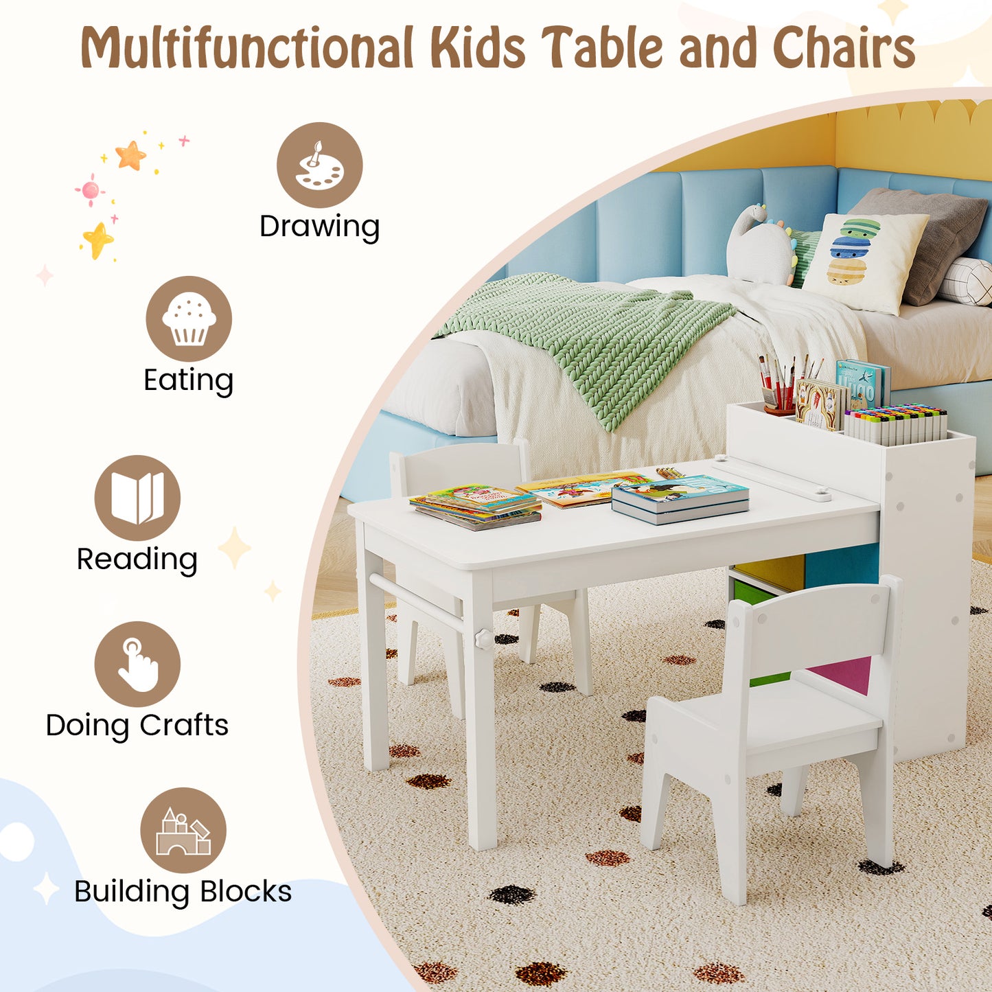 Kids Art Table And Chairs Set, 2 Chairs With Paper Roll, White Kids Table & Chair Sets at Gallery Canada