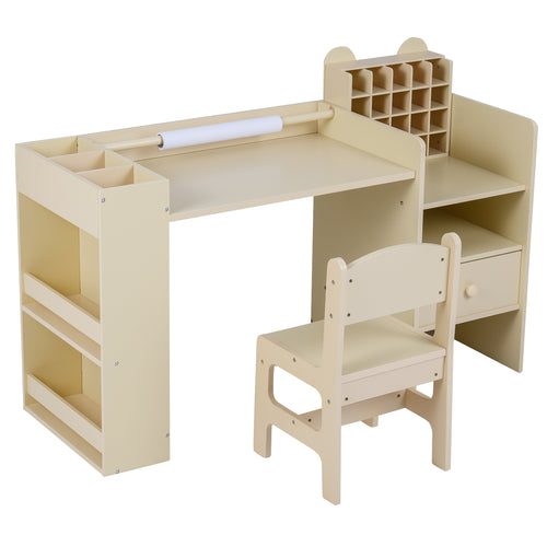 Kids Art Table and Chair Set with Detachable Paper Roll Holder and Cabinet, Natural