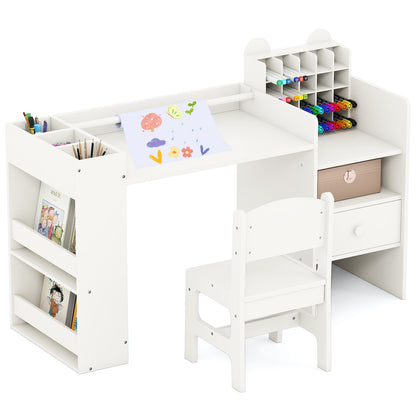 Kids Art Table and Chair Set with Detachable Paper Roll Holder and Cabinet, White Kids Table & Chair Sets White at Gallery Canada