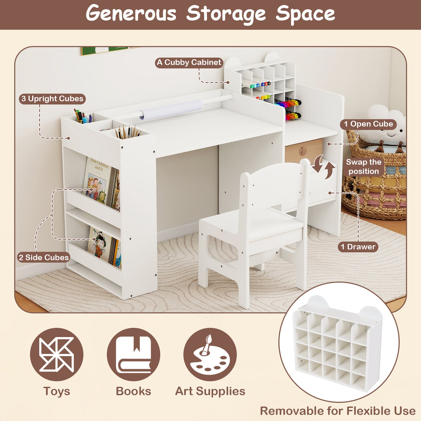 Kids Art Table and Chair Set with Detachable Paper Roll Holder and Cabinet, White Kids Table & Chair Sets at Gallery Canada